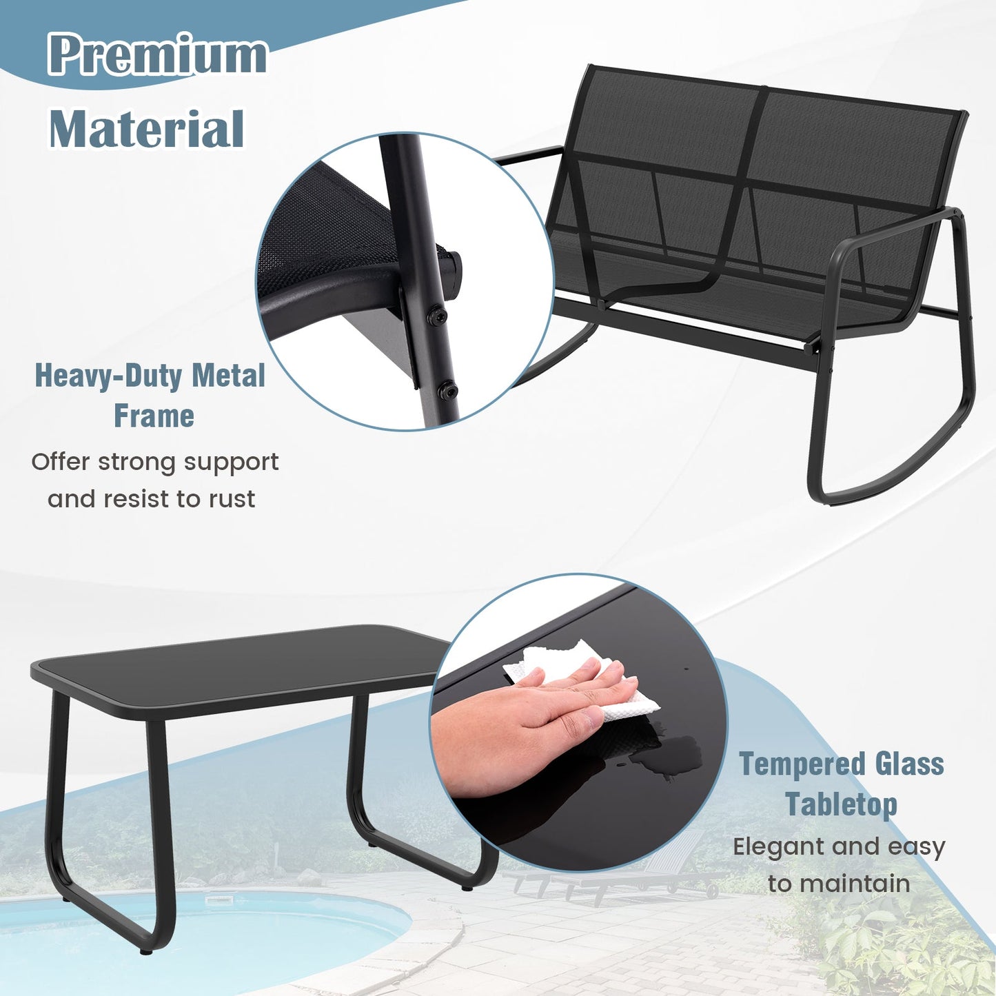 Juego de mecedoras de jardín de 4 piezas con mesa de cristal - Negro