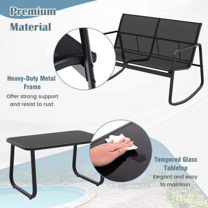 Juego de mecedoras de jardín de 4 piezas con mesa de cristal - Negro