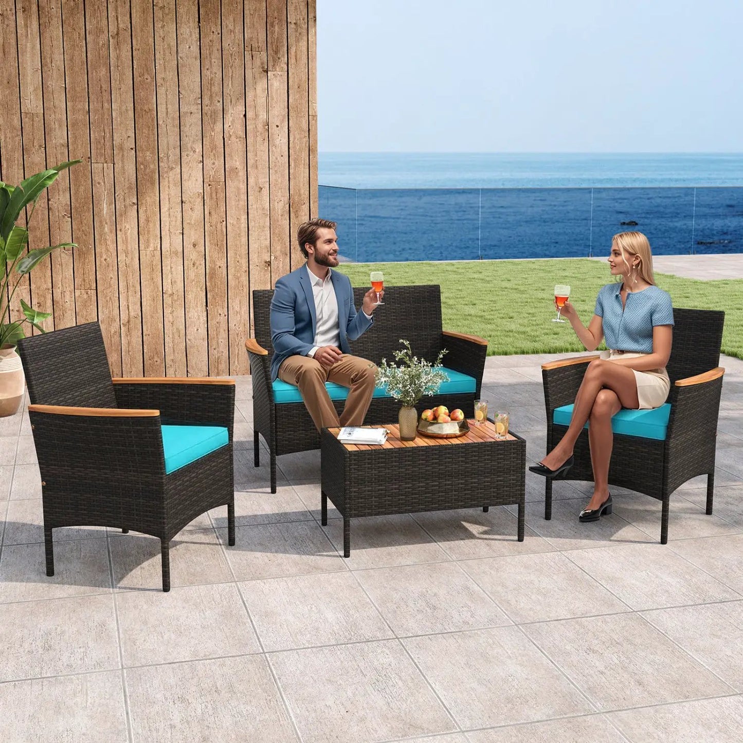4-Piece Patio Conversation Set with Loveseat and Coffee Table