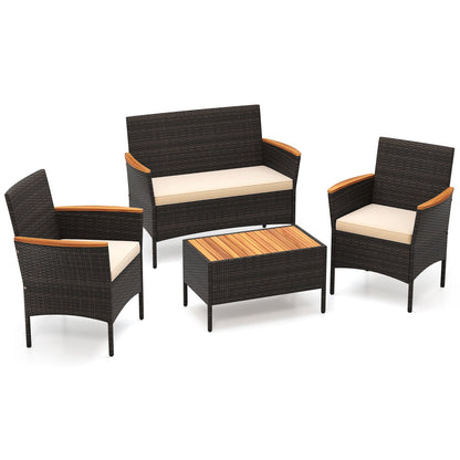 Juego de sofá de mimbre para patio de 4 piezas con 2 sillas de ratán y sofá de dos plazas con mesa - Marrón