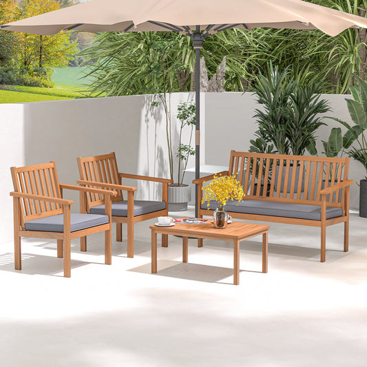 4 Piece Patio Wood Furniture Set Acacia Wood Sofa Set with Loveseat-Gray - Tampa Home & Garden Store