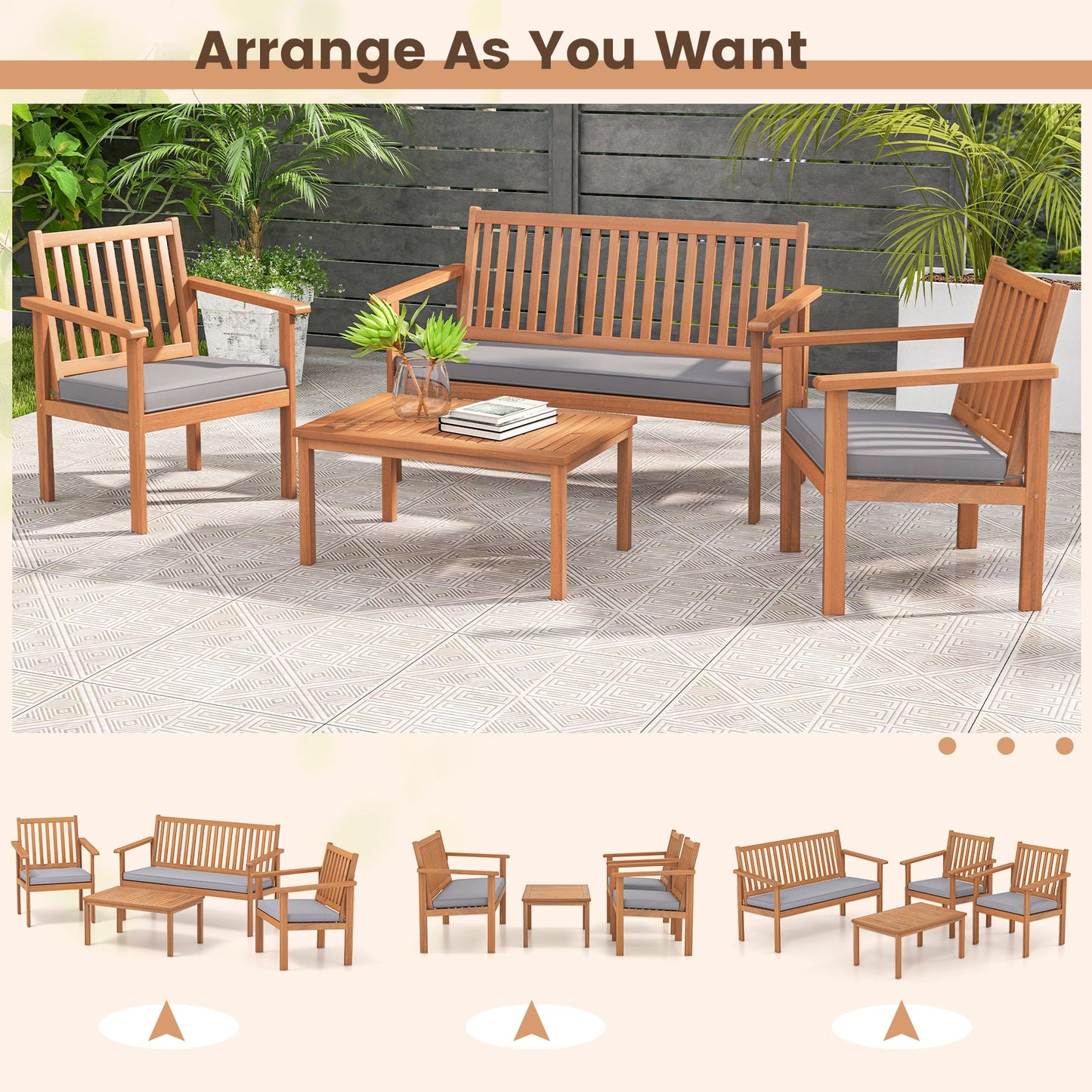4 Piece Patio Wood Furniture Set Acacia Wood Sofa Set with Loveseat-Gray