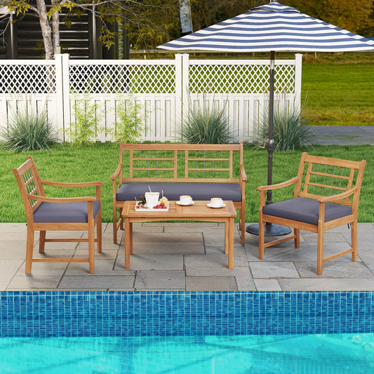 4 Piece Wood Patio Furniture with Armchairs Loveseat and Coffee Table-Gray - Tampa Home & Garden Store