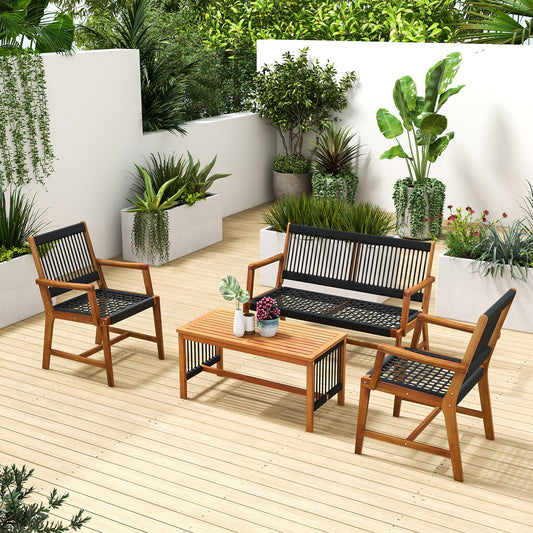 4 Pieces Acacia Wood Patio Conversation Table and Chair Set with Hand Woven Rope - Tampa Home & Garden Store