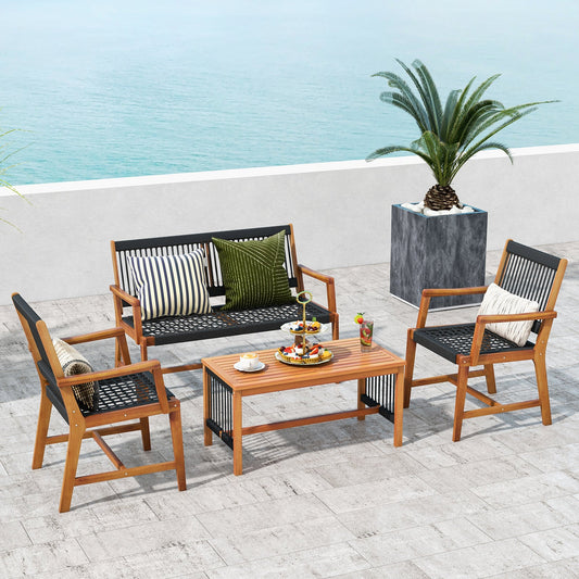 4 Pieces Acacia Wood Patio Conversation Table and Chair Set with Hand Woven Rope - Tampa Home & Garden Store