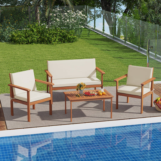 4 Pieces Patio Furniture Set Acacia Wood Porch Chairs with Table-White - Tampa Home & Garden Store