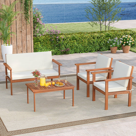 4 Pieces Patio Furniture Set Acacia Wood Porch Chairs with Table-White - Tampa Home & Garden Store