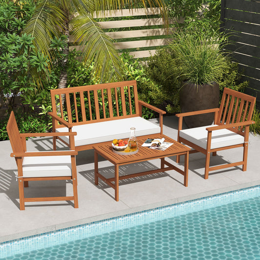 4 Pieces Acacia Wood Furniture Set with Seat Cushions and Robust Wood Frame-White - Tampa Home & Garden Store