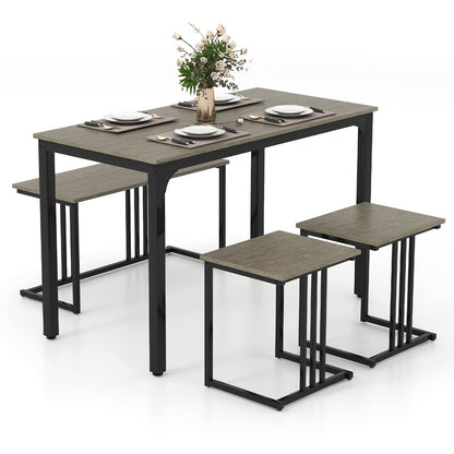 Juego de comedor industrial de 4 piezas con banco y 2 taburetes - Marrón