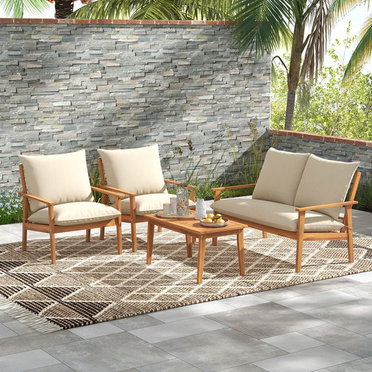4 Pieces Outdoor Acacia Wood Conversation Set with Soft Cushions and Coffee Table-White - Tampa Home & Garden Store