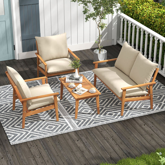 4 Pieces Outdoor Acacia Wood Conversation Set with Soft Cushions and Coffee Table-White - Tampa Home & Garden Store