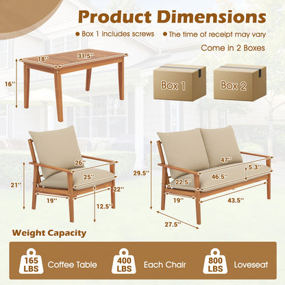 4 Pieces Outdoor Acacia Wood Conversation Set with Soft Cushions and Coffee Table-White