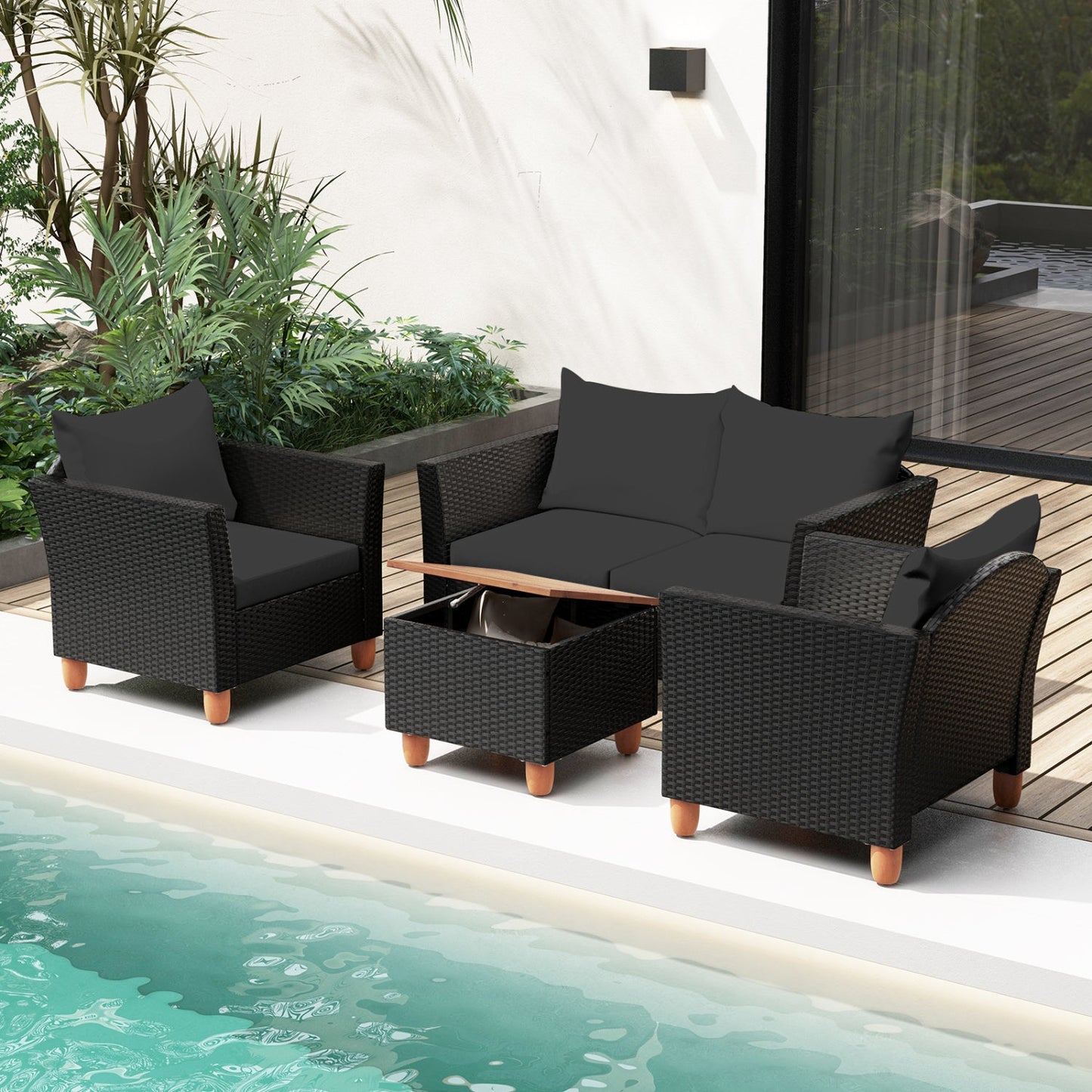 4-Piece Patio Conversation Set with Storage Coffee Table in dark wicker and charcoal cushions on Tampa Home & Garden Store