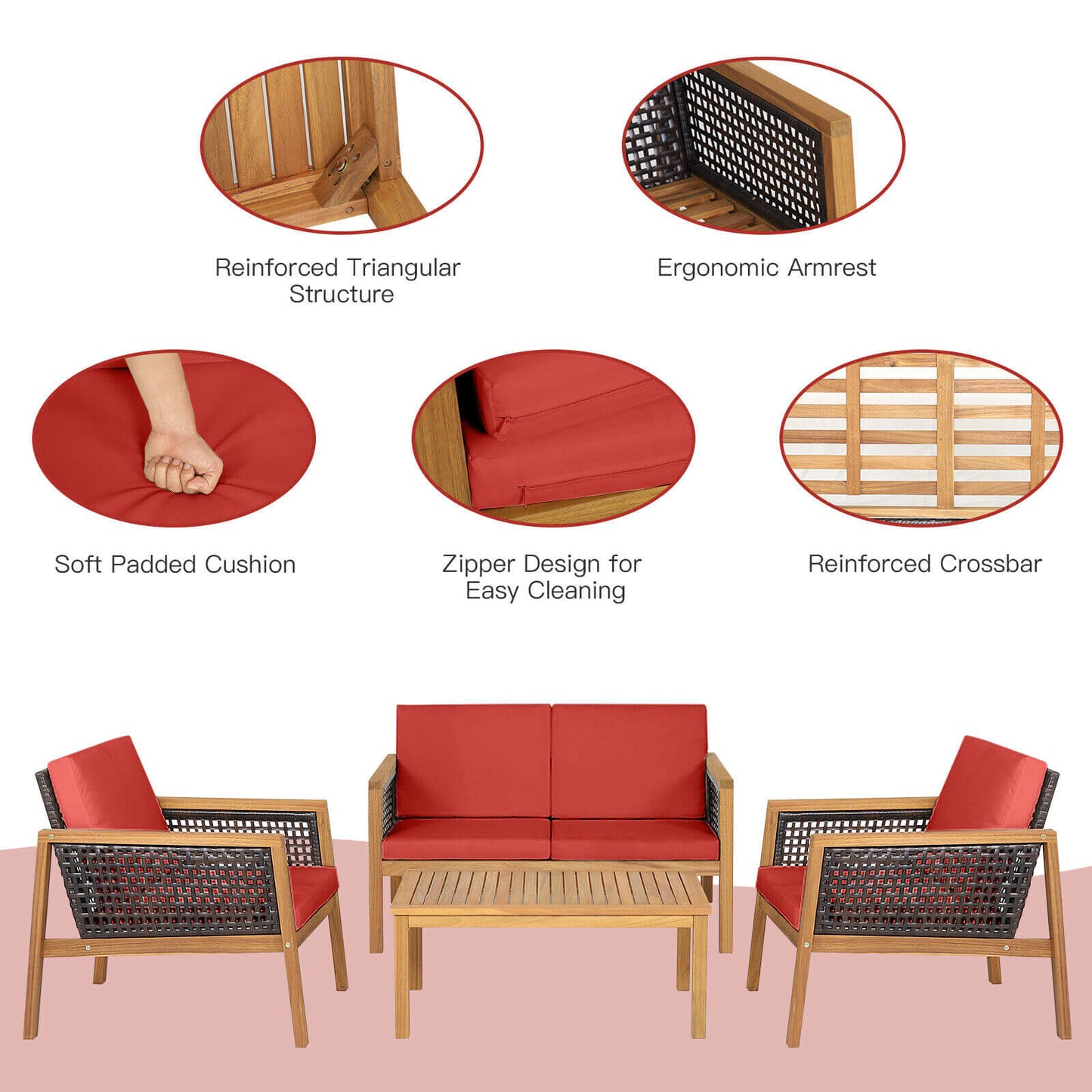 Juego de muebles de patio de ratán de 4 piezas con cojines extraíbles - Rojo