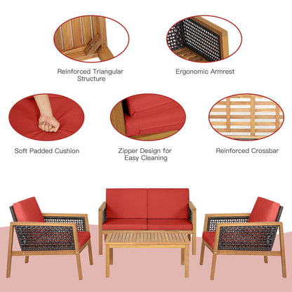 Juego de muebles de patio de ratán de 4 piezas con cojines extraíbles - Rojo