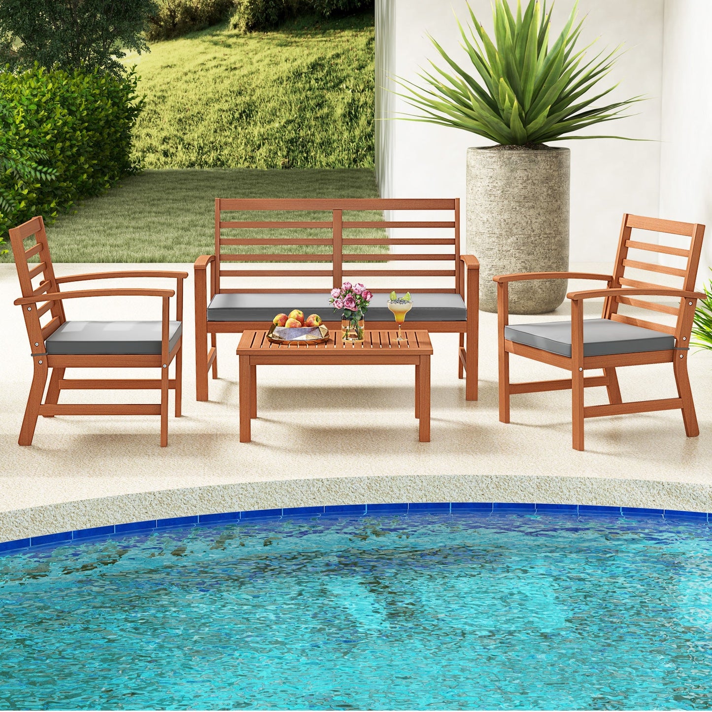 Juego de muebles de exterior de 4 piezas con estructura estable de madera de acacia - Gris