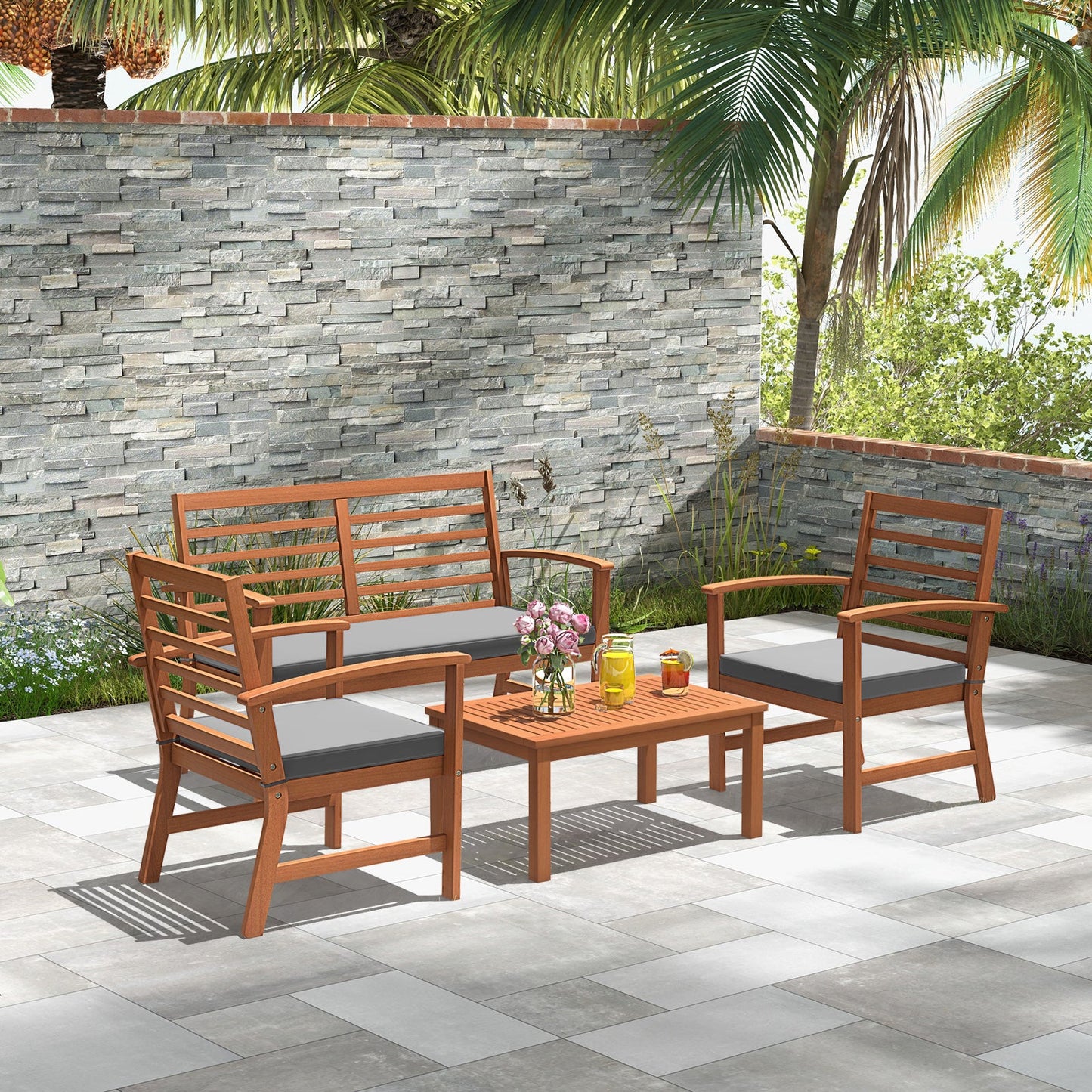 Juego de muebles de exterior de 4 piezas con estructura estable de madera de acacia - Gris