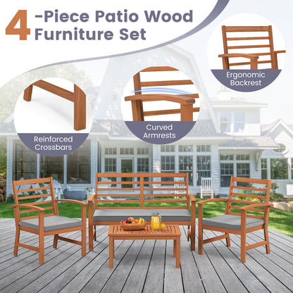 Juego de muebles de exterior de 4 piezas con estructura estable de madera de acacia - Gris
