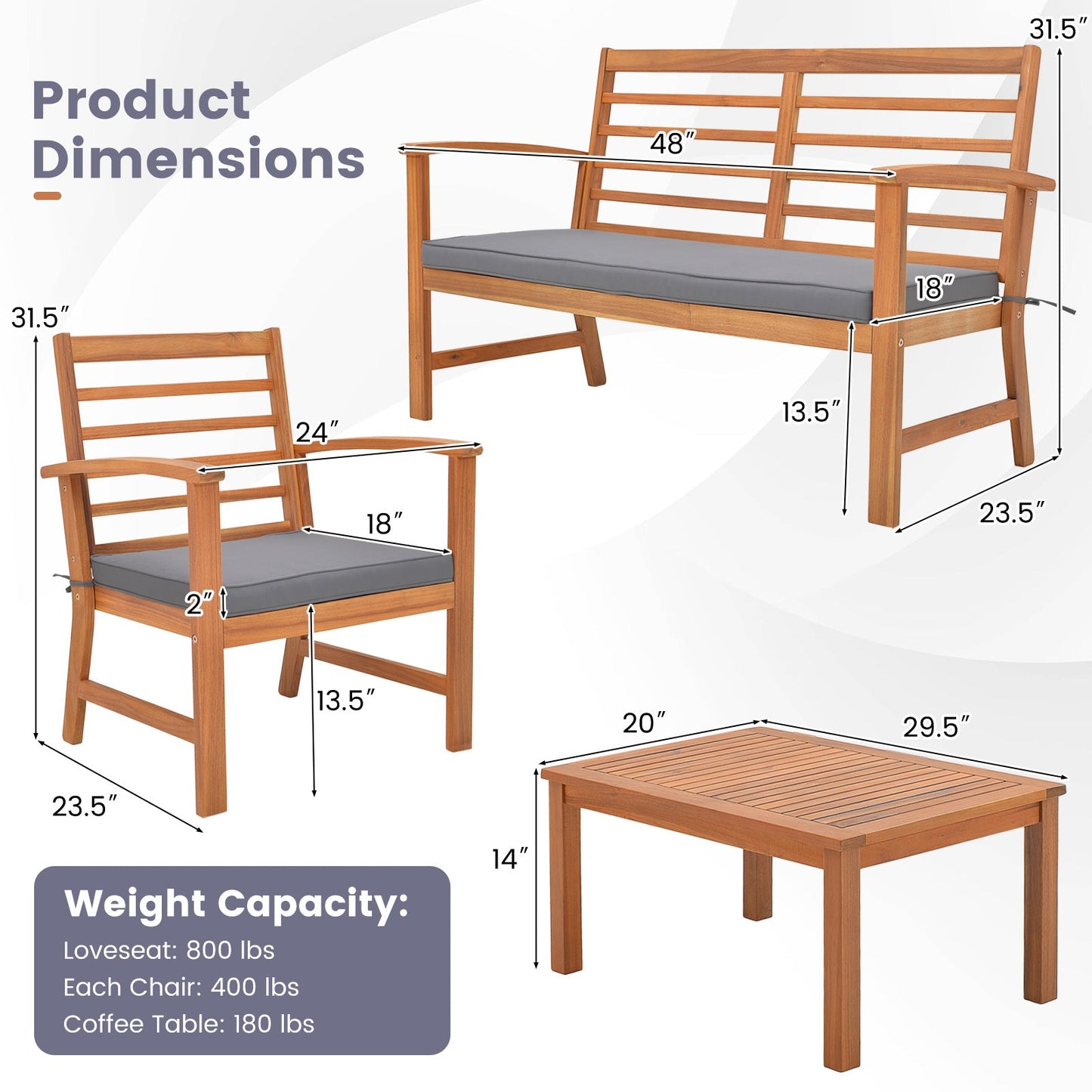 Juego de muebles de exterior de 4 piezas con estructura estable de madera de acacia - Gris