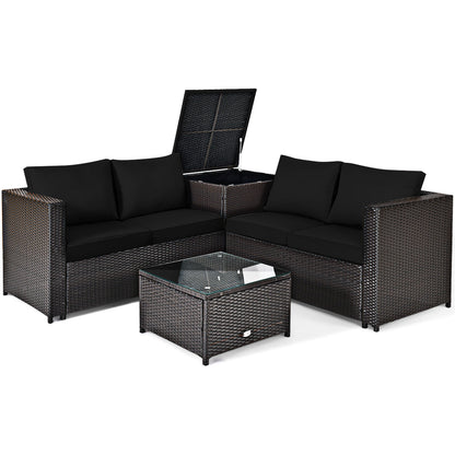 Juego de muebles de ratán para patio exterior de 4 piezas con sofá biplaza acolchado y caja de almacenamiento - Rojo