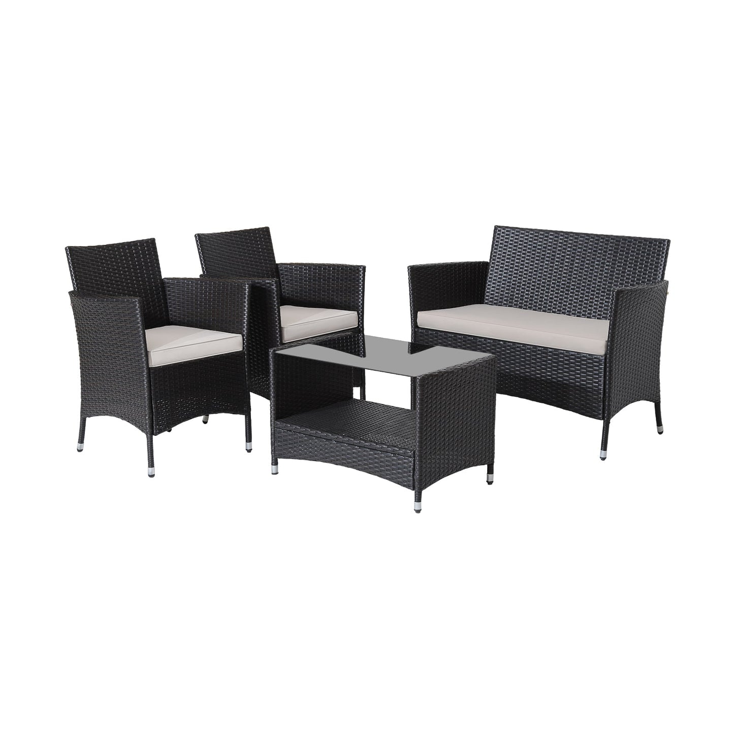 Juego de conversación para patio de 4 piezas con cojines suaves y mesa con superficie de vidrio templado