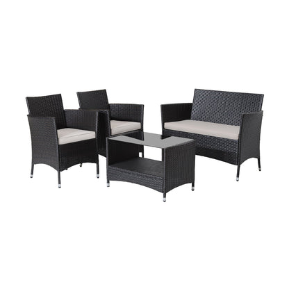 Juego de conversación para patio de 4 piezas con cojines suaves y mesa con superficie de vidrio templado