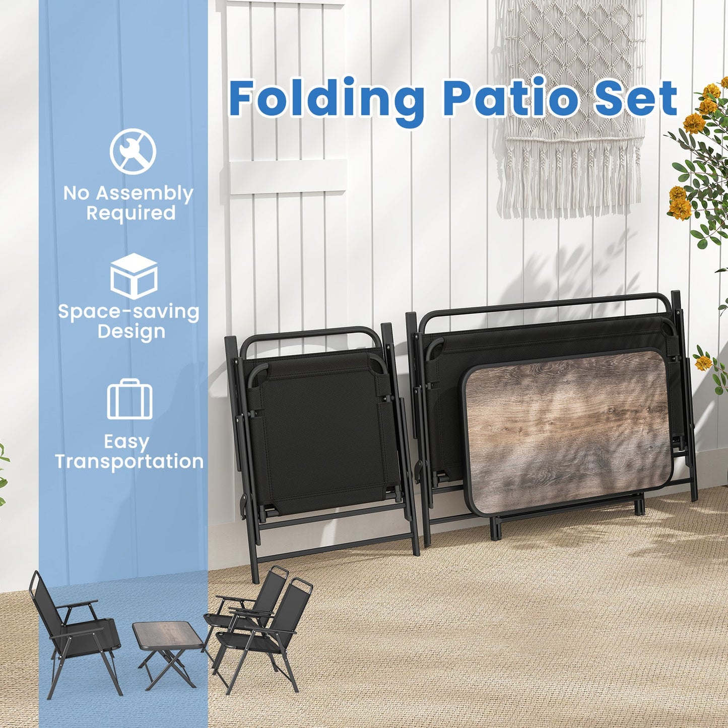 Juego de muebles plegables de patio de 4 piezas con mesa de centro de SPC y sillas de patio - Negro