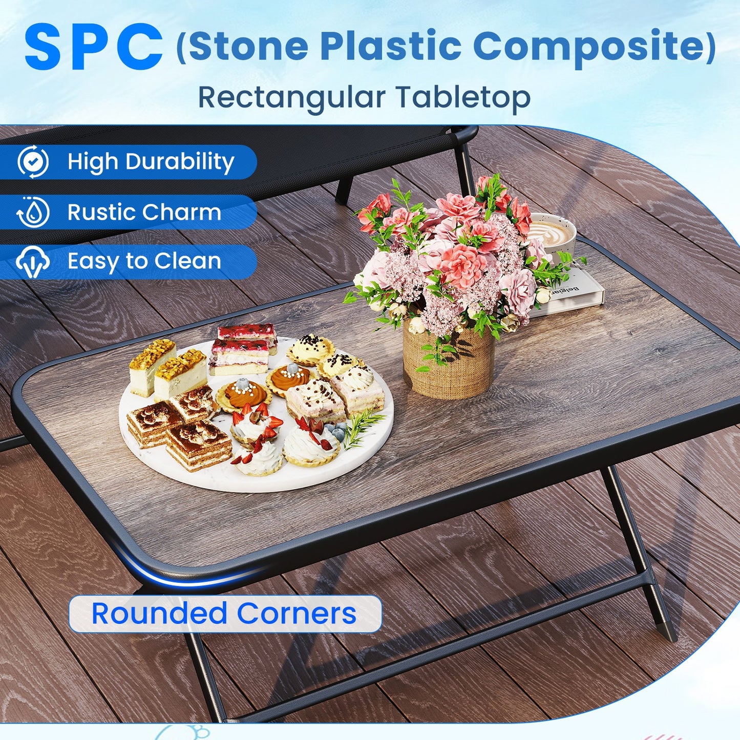 Juego de muebles plegables de patio de 4 piezas con mesa de centro de SPC y sillas de patio - Negro