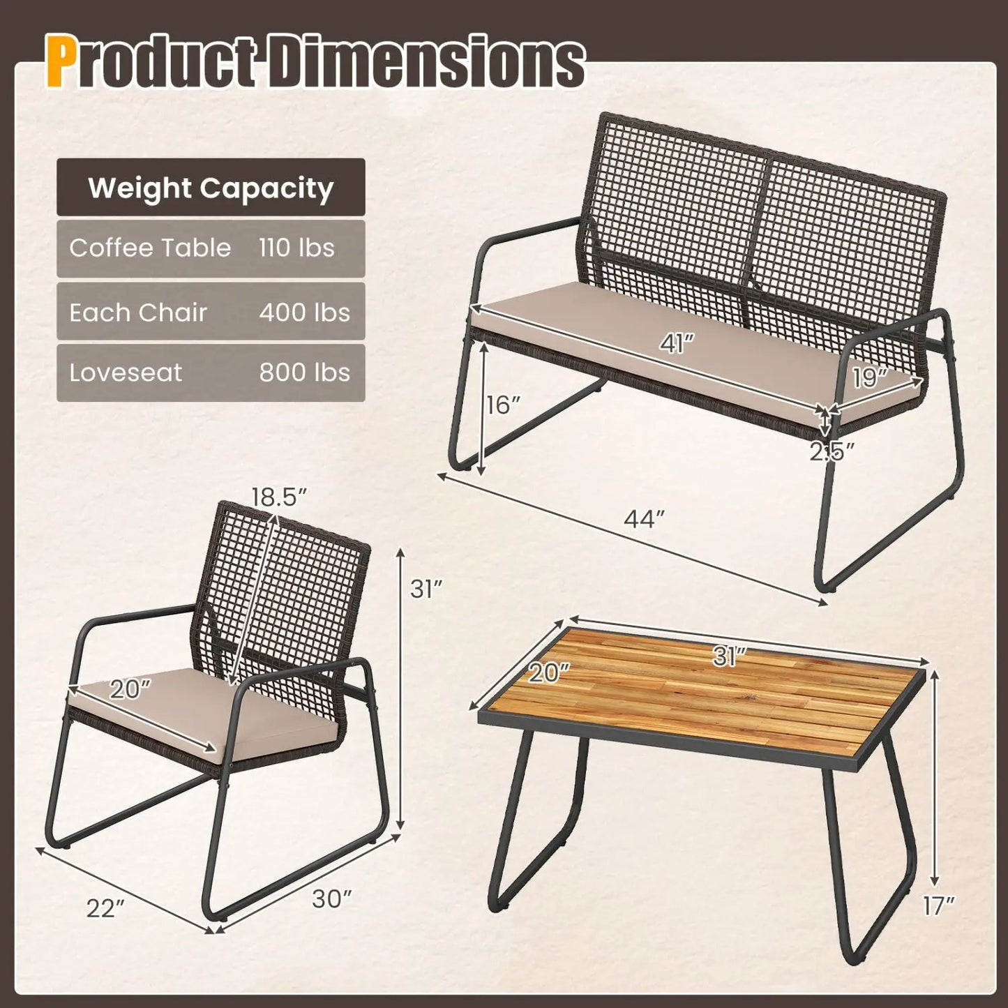 4-Piece Patio Furniture Set with Acacia Wood