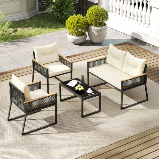 4 Pieces Patio Furniture Set Outdoor Conversation Set with Tempered Glass Coffee Table-Black - Tampa Home & Garden Store