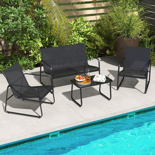 4 Pieces Outdoor Conversation Set with Tempered Glass Coffee Table-Black - Tampa Home & Garden Store