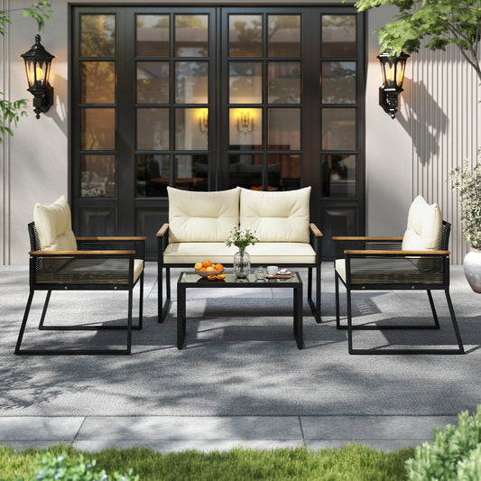 4 Pieces Patio Furniture Set Outdoor Conversation Set with Tempered Glass Coffee Table-Black - Tampa Home & Garden Store