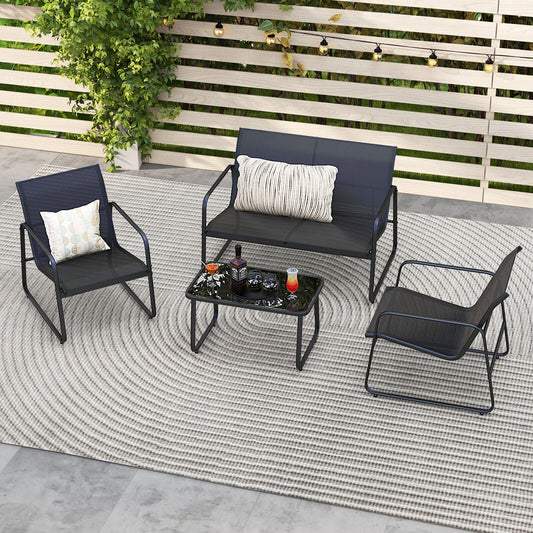 4 Pieces Outdoor Conversation Set with Tempered Glass Coffee Table-Black - Tampa Home & Garden Store