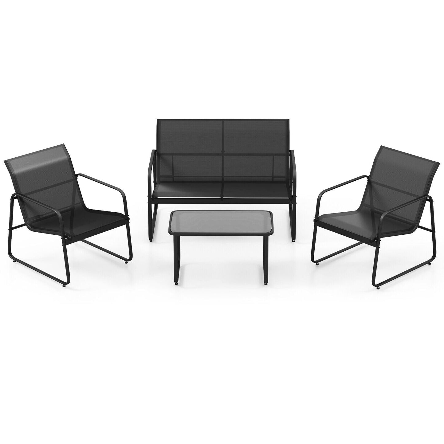 Juego de conversación para exteriores de 4 piezas con mesa de centro de vidrio templado - Negro