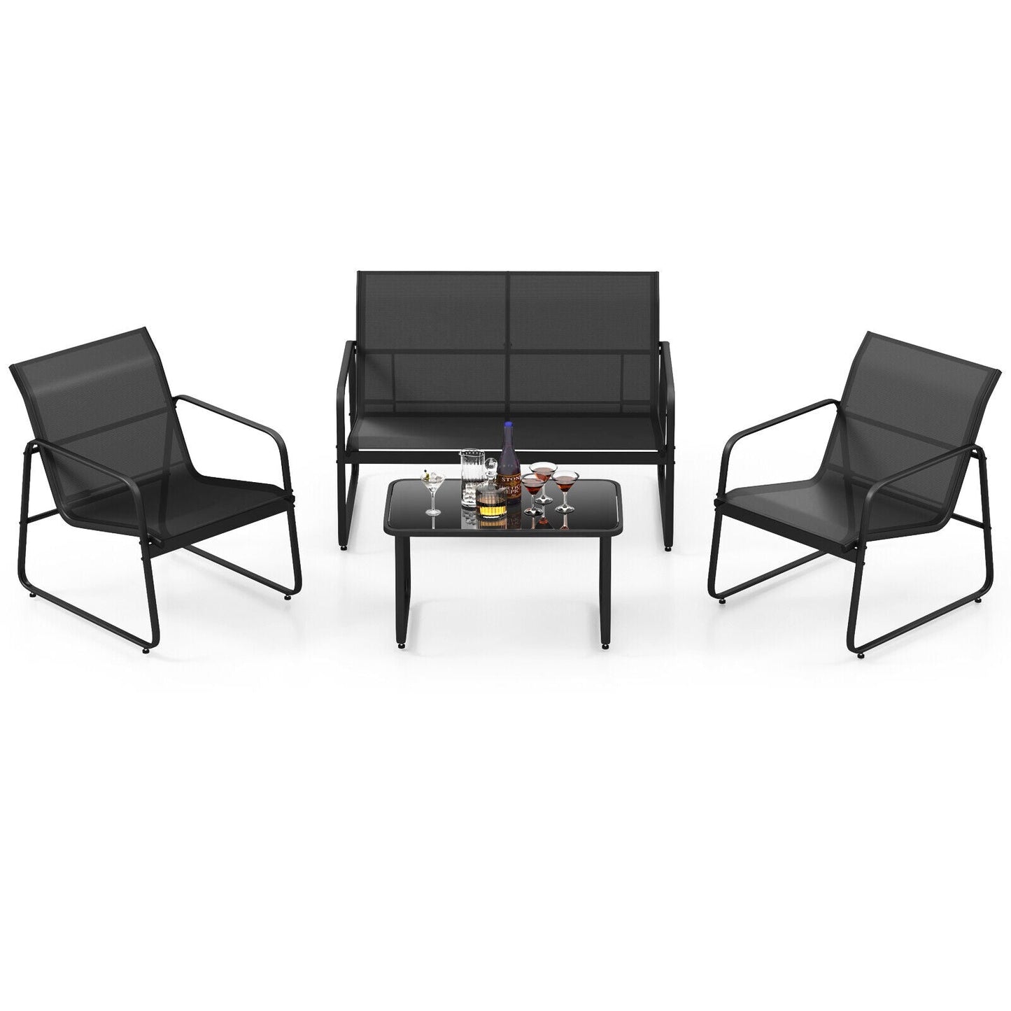 Juego de conversación para exteriores de 4 piezas con mesa de centro de vidrio templado - Negro
