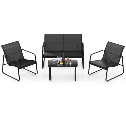 Juego de conversación para exteriores de 4 piezas con mesa de centro de vidrio templado - Negro