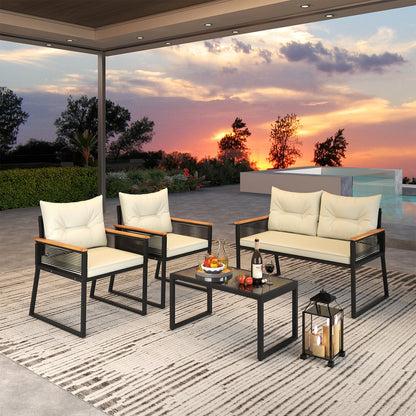 4 Pieces Patio Furniture Set Outdoor Conversation Set with Tempered Glass Coffee Table-Black