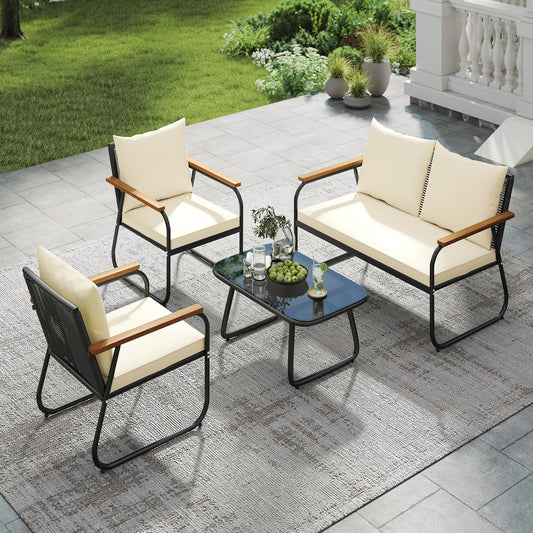 4 Pieces Patio Furniture Set with Tempered Glass Coffee Table - Tampa Home & Garden Store