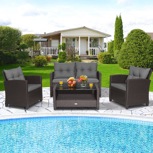 4 Pieces Patio Rattan Conversation Furniture Set with Glass Top Coffee Table-Gray - Tampa Home & Garden Store