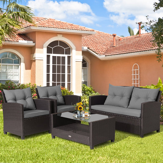 4 Pieces Patio Rattan Conversation Furniture Set with Glass Top Coffee Table-Gray - Tampa Home & Garden Store