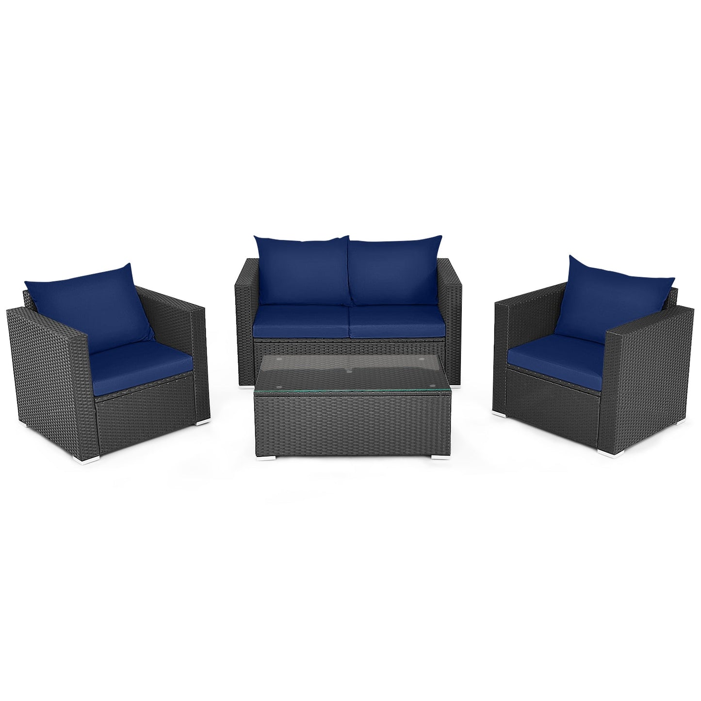 Juego de conversación de ratán para patio de 4 piezas con cojín acolchado y mesa de centro de vidrio templado - Blanco