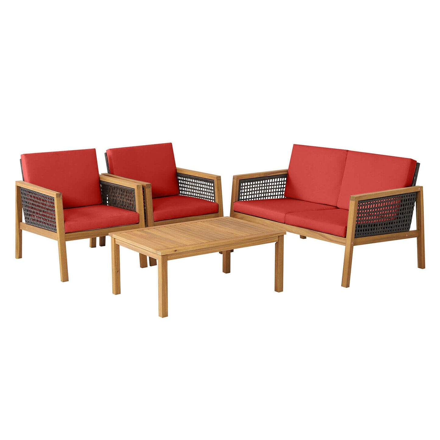 Juego de muebles de patio de ratán de 4 piezas con cojines extraíbles - Rojo