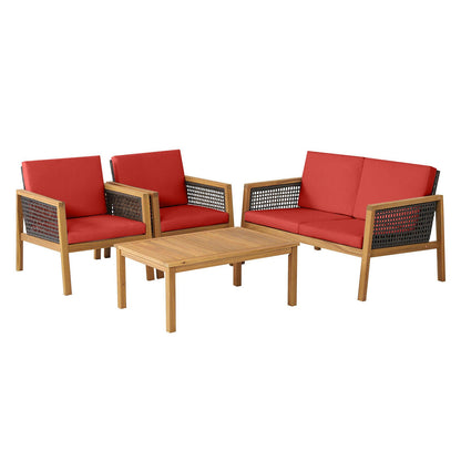 Juego de muebles de patio de ratán de 4 piezas con cojines extraíbles - Rojo