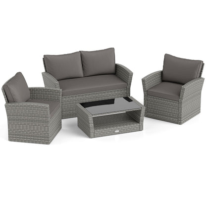 Juego de muebles de ratán para patio de 4 piezas con sofá, mesa con estante de almacenamiento y cojines - Negro