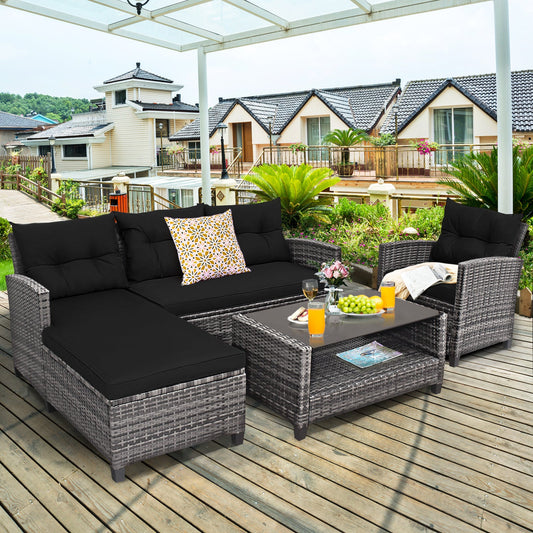 4 Pieces Patio Rattan Sofa Furniture Set with Cushion and 2-Tier Coffee Table-Black - Tampa Home & Garden Store