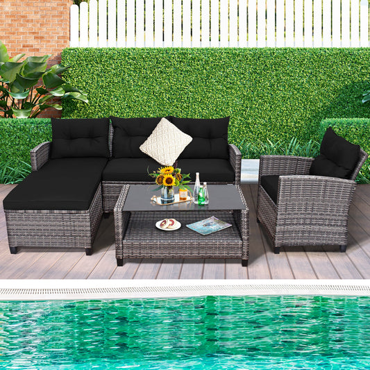 4 Pieces Patio Rattan Sofa Furniture Set with Cushion and 2-Tier Coffee Table-Black - Tampa Home & Garden Store