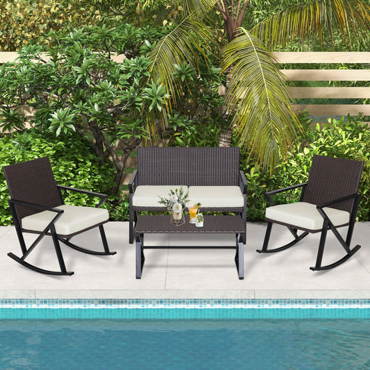 4 Pieces Rattan Patio Rocking Furniture Set with Loveseat and Coffee Table - Tampa Home & Garden Store