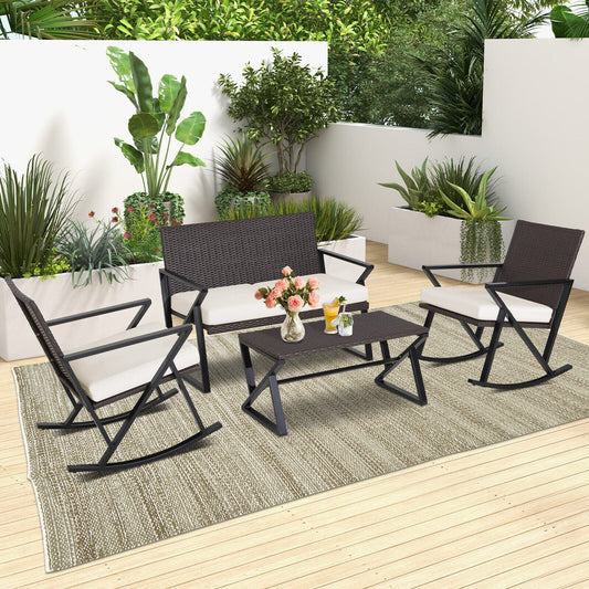 4 Pieces Rattan Patio Rocking Furniture Set with Loveseat and Coffee Table - Tampa Home & Garden Store