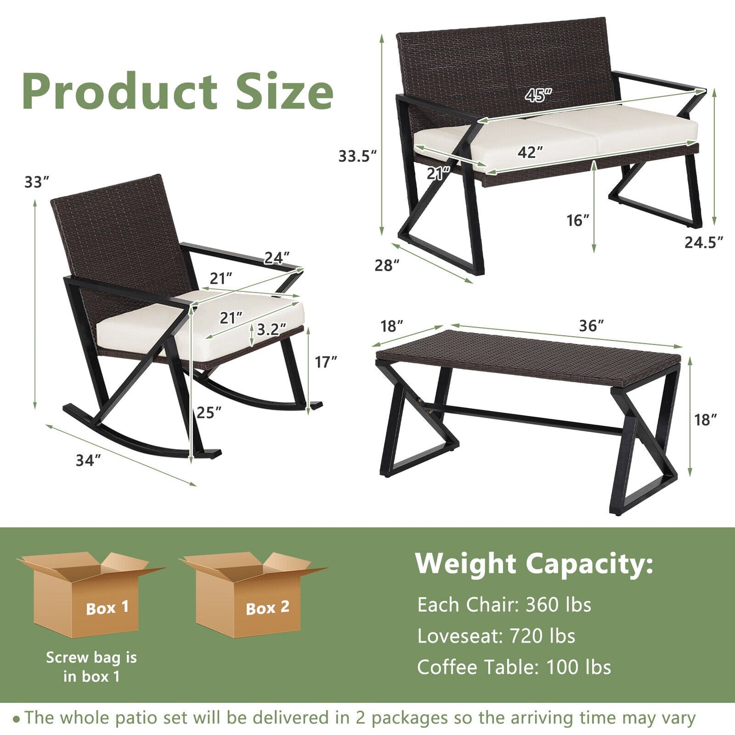 4 Pieces Rattan Patio Rocking Furniture Set with Loveseat and Coffee Table