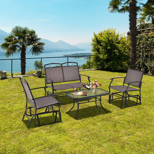 4 Piece Patio Glider Conversation Set with Tempered Glass Table Top-Brown - Tampa Home & Garden Store